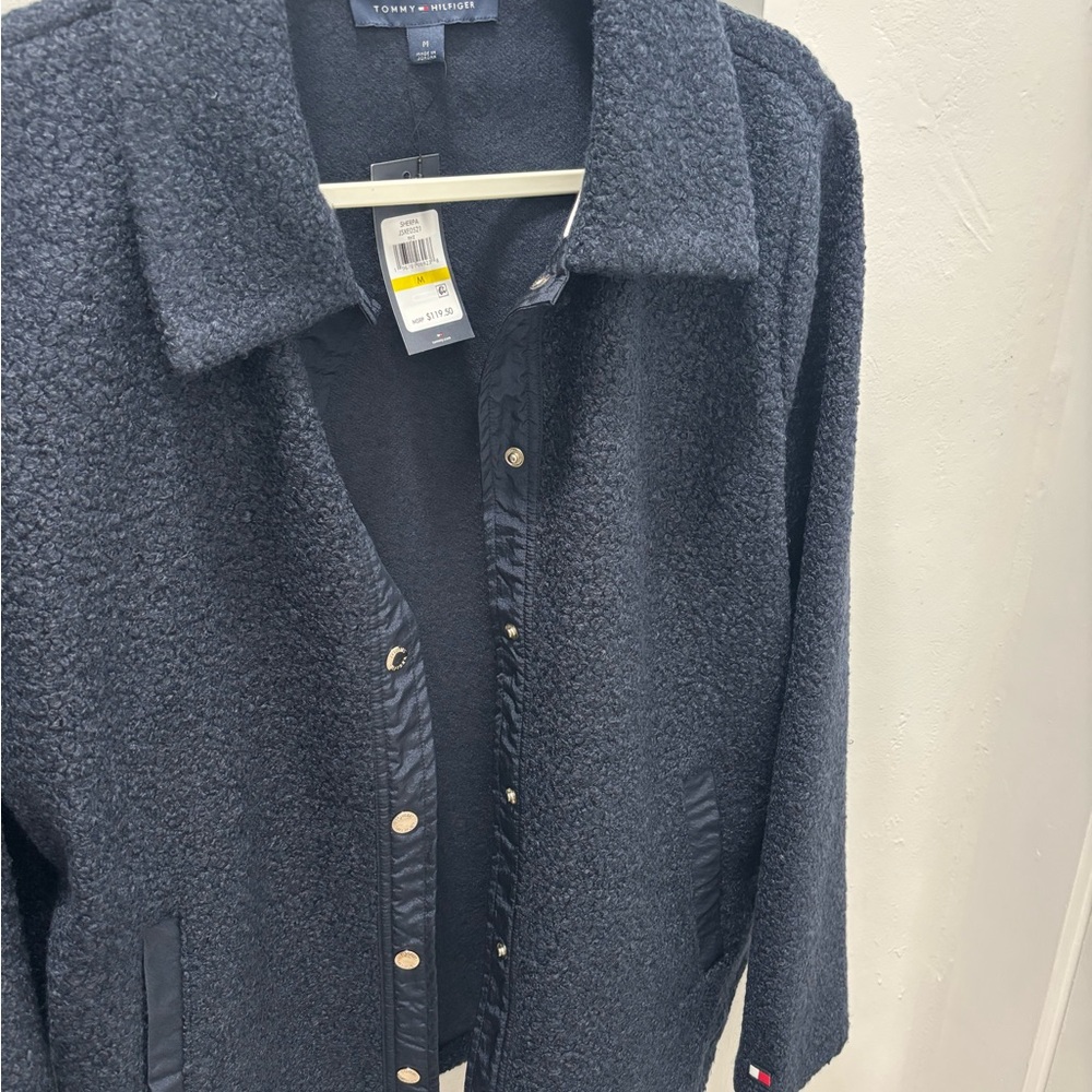 Tommy Hilfiger Sherpa Jacket Women M Navy Blue Button Coat NWT